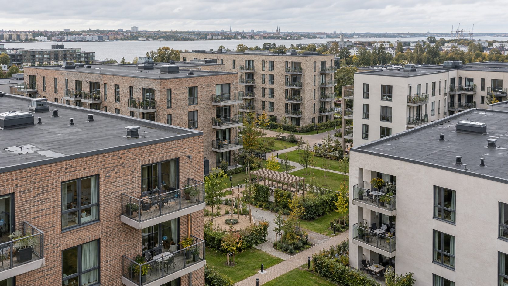 Flade tage på danske boligforeninger omkring et grønt gårdrum